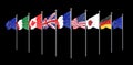 45th G7 summit , August 24Ã¢â¬â26, 2019 in Biarritz, Nouvelle-Aquitaine, France. 7 flags of countries of Group of Seven - Canada,
